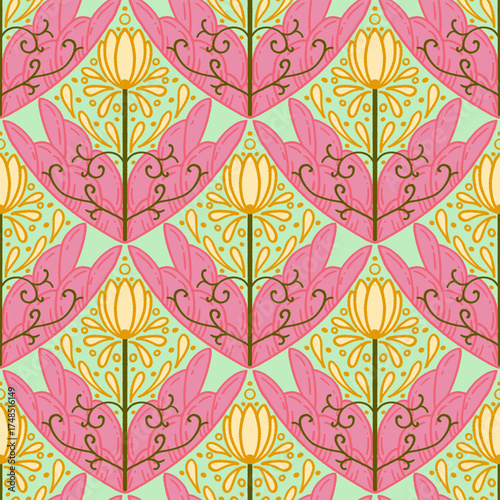 seamless floral scribble pattern background, motifs floral hand drawn, scribble style, scallop pattern, design for seamless floral pattern, printing, wrapping, background and craft