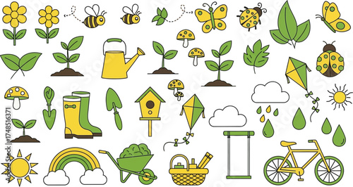 Springtime Garden Elements Vector Set of Outdoor Icons and Illustrations