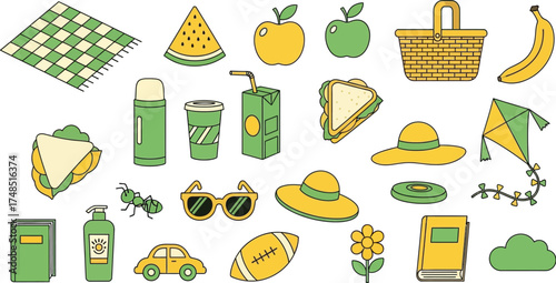 A vibrant collection of hand-drawn vector icons representing essential items for a summer picnic and outdoor recreation