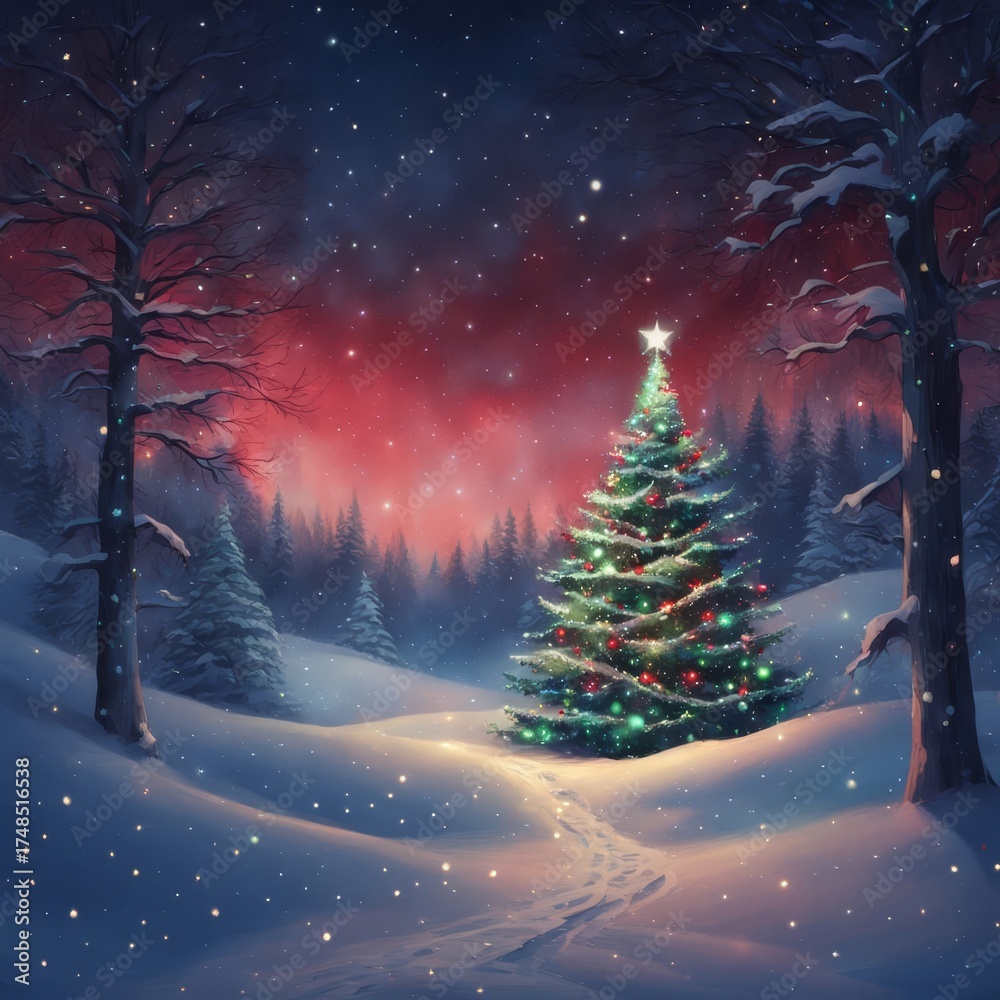 Fototapeta premium A decorated Christmas tree outside in the snowy landscape at night. 