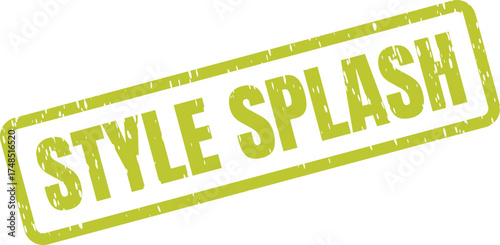 A vibrant green rectangular stamp displaying the words STYLE SPLASH with a textured distressed effect clearly visible