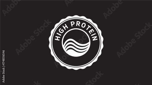 High protein label design white vector emblem with wave symbol isolated on black background