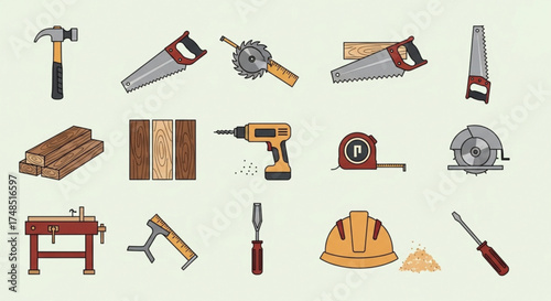 Collection of carpentry tools, including a hammer, saw, drill, screwdriver, chisel, and other woodworking equipment