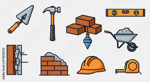 Bricklaying and masonry tools and equipment set of bricklaying tools, including a trowel, hammer, bricks, and a wheelbarrow
