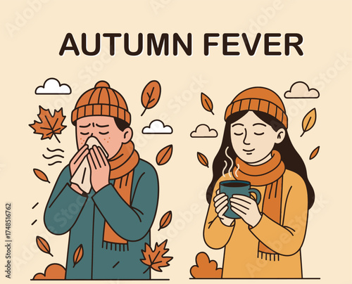 Illustration titled “Autumn Fever” showing a man sneezing and a woman enjoying a warm drink, surrounded by falling leaves. Cozy autumn colors and seasonal cold theme on a beige background.