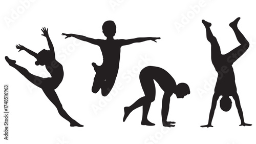 Set of gymnast silhouettes graceful poses in black vector illustration isolated on white background