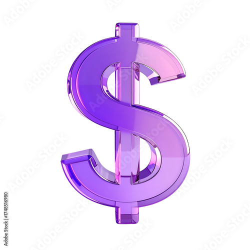 A glossy, transparent purple dollar sign against a black background