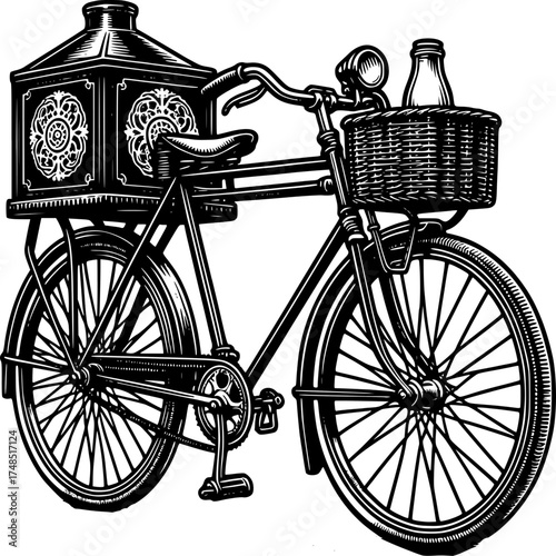 Vintage Milk Delivery Bicycle: A nostalgic, intricately designed bicycle, reminiscent of a bygone era, stands poised for delivering fresh milk, complete with a vintage milk box and basket.