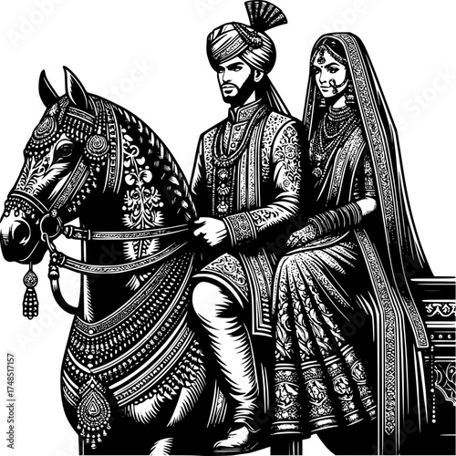 Royal Ceremony: An illustration of a traditionally dressed couple seated upon a horse. Their attire reflects rich cultural heritage, hinting at an event.