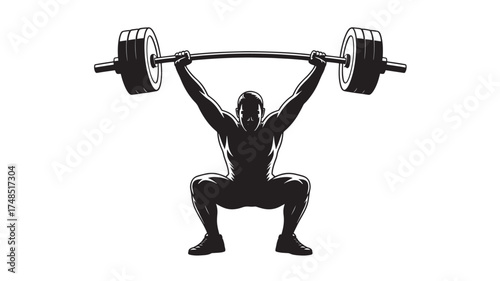 Weightlifter silhouette lifting barbell overhead in a squat position vector illustration for fitness and strength training concepts isolated on white background
