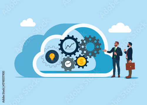 Server room in the shape of a cloud. Data in a database on cloud storage. Effort and time to make money, success long term investment, deadline effect to make people finish work.Vector illustration