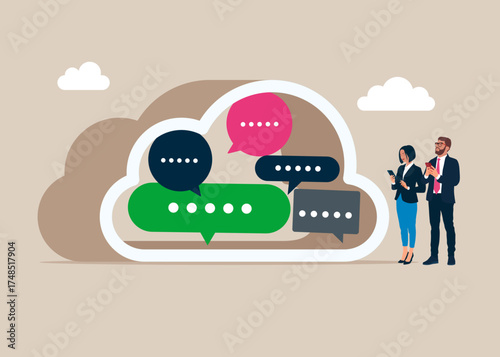 Speech bubbles in cloud storage under. Data in a database on cloud storage. Concept of data security technology. Discussion, conversation, meeting, team communication. Vector flat illustration
