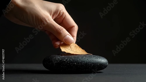 A Delicate Hand Gently Placing a Golden Autumn Leaf on a Smooth Black Stone.