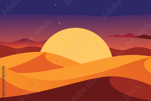 Stylized desert landscape at sunset with rolling dunes and two stars