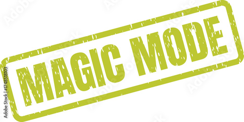 A textured green rectangular rubber stamp featuring the playful phrase MAGIC MODE on a clean white background