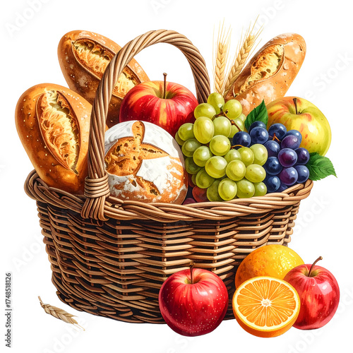 A woven basket overflowing with assorted fruits, breads, and wheat stalks, a harvest scene