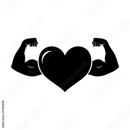 Strong heart silhouette flexing biceps representing power and health symbol vector