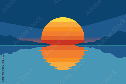 Minimalist sunset over calm water with mountain silhouette reflection
