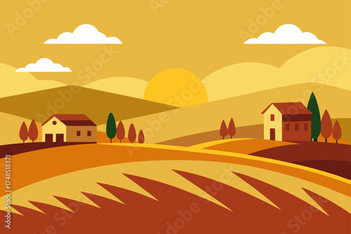 Stylized autumn landscape with rolling hills and farmhouses at sunset