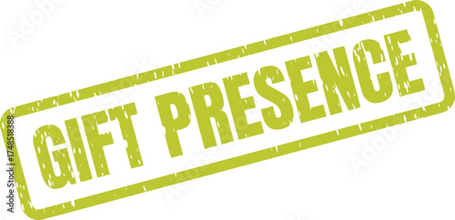 A textured green rectangular rubber stamp displaying the words GIFT PRESENCE on a plain white background
