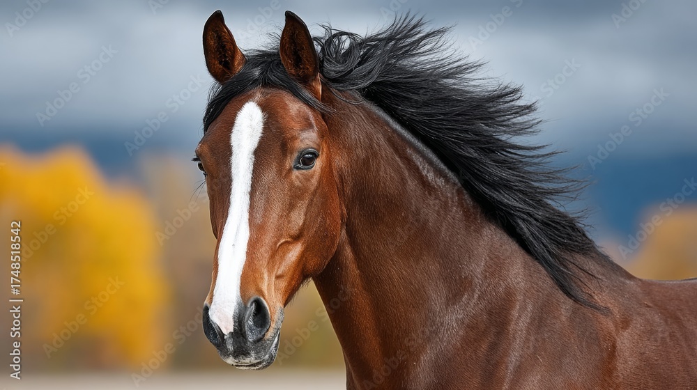 Fototapeta premium Brown horse with a white face and a black mane. The horse is running and has a wild look on its face