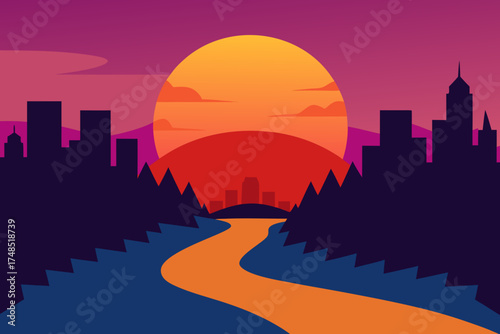 Vibrant cityscape silhouette at sunset with winding river