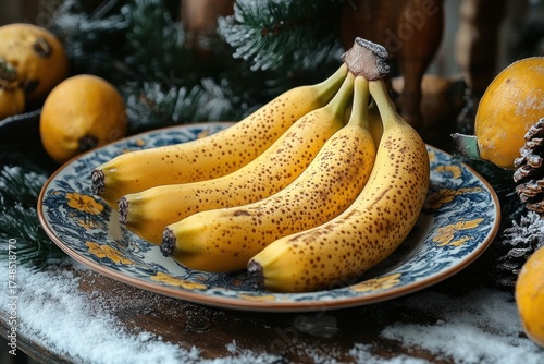 Plate of bananas and oranges on table.