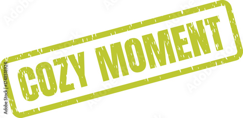 A distressed green rectangular rubber stamp with COZY MOMENT embossed on its surface against a pure white background