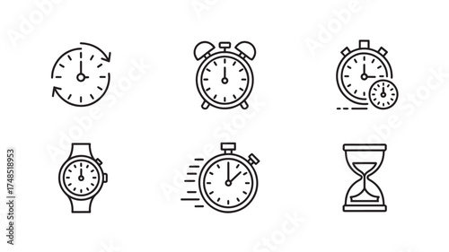 Set of time management icons simple line vector symbols for deadlines and productivity isolated on white background