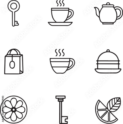 tea, cafe, drink, icon, set, outline, breakfast, beverage, simple, minimalist, modern, restaurant, menu, hot, warm, relaxing, break, party