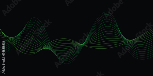 Vector abstract light lines wavy flowing dynamic in green colors isolated on black background.