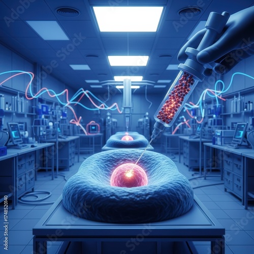 Exploring cellular frontier injecting red spheres inside cell in futuristic laboratory