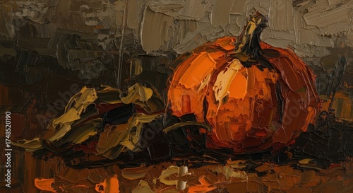 An orange pumpkin portrait with fall foliage display