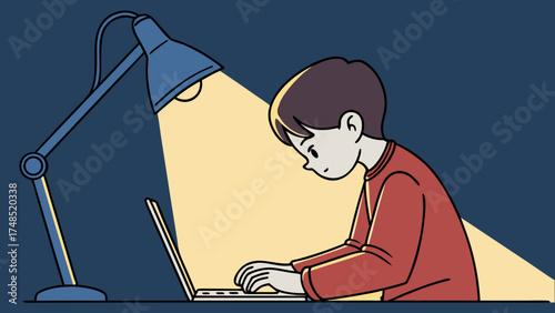 3D cartoon boy typing on laptop under desk lamp showing focus study and late-night creativity 