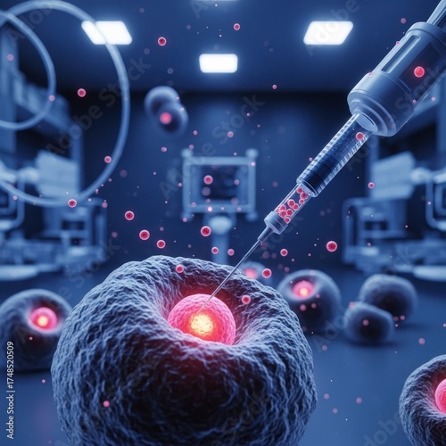 In a sterile laboratory, a syringe injects red cells into a large cell nucleus, watched over by scientific instruments