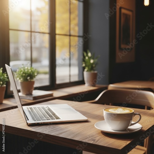 Morning light streams through the Cafe window, illuminating a laptop and steaming cup of coffee on a wooden table