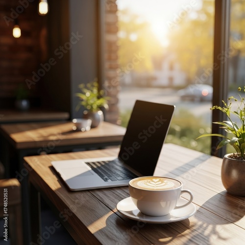 Morning light and coffee in a cozy cafe create a productive workspace with a laptop on a wooden table
