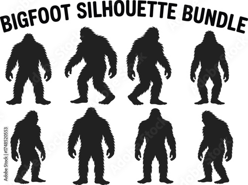 Bigfoot silhouette bundle, cryptid creature poses, mythical forest monster, black vector icons, flat cartoon illustration, folklore design elements, editable shapes