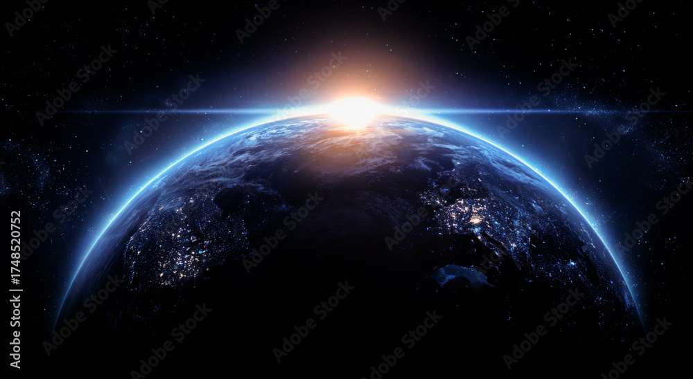 Obraz premium A blue, glowing earth with the sun rising on it, against a dark background.