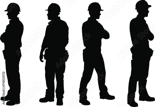 Construction worker silhouettes, industrial labor team, safety helmet crew, building site staff, black vector icons, flat vector illustration