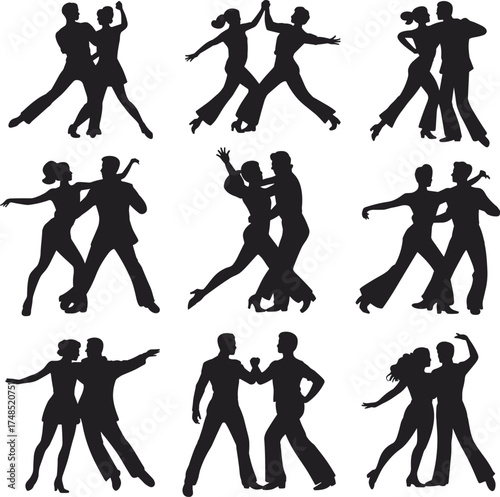 Dancing couple silhouette poses, romantic partner dance movement, expressive choreography, elegant body motion, artistic rhythm, flat vector illustration