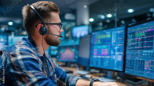 Focused Professional Analyzing Data on Multiple Screens in a High-Tech Environment, Utilizing Headset for Communication and Effective Problem-Solving Strategies.