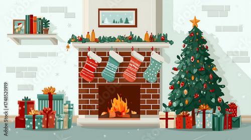 Christmas fireplace tree gifts stockings decoration holiday season