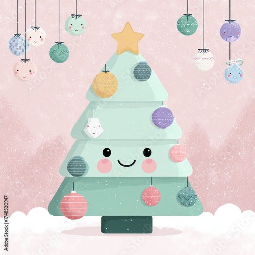 A cartoonish tree with a star on top and many colorful ornaments hanging from it