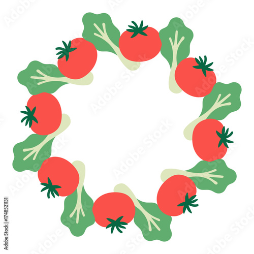 Round wreath frame made of tomatoes and lettuce leaves in flat minimalist style. Perfect for eco packaging, vegan labels, and healthy lifestyle design.