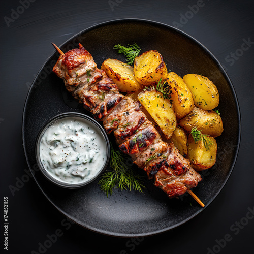 Pork souvlaki skewer with greek potatoes and a small bowl of tzaziki sauce.