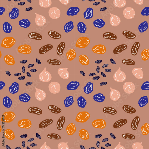 Dried fruits Seamless pattern. Food and desert. Repeating background with figs, prunes, dried apricots, dry fruits, dates for packaging, textile, print, template. Decorative ornament hand drawn. Vecto