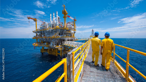Oil and gas platform in the sea. Workers working on the deck of an oil.