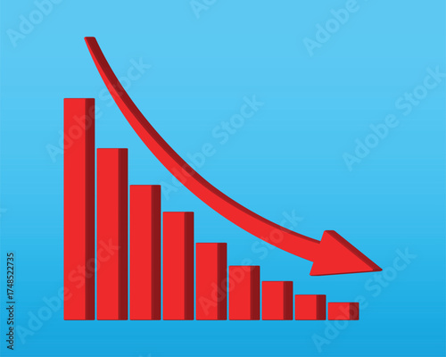 3d red arrow going down stock icon on blue background. Bankruptcy, financial market crash icon for your web site design, logo, app, UI. graph chart downtrend symbol.chart going down sign.