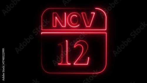 Red Neon Calendar Icon Showing November 12th Date On Black Background image photo